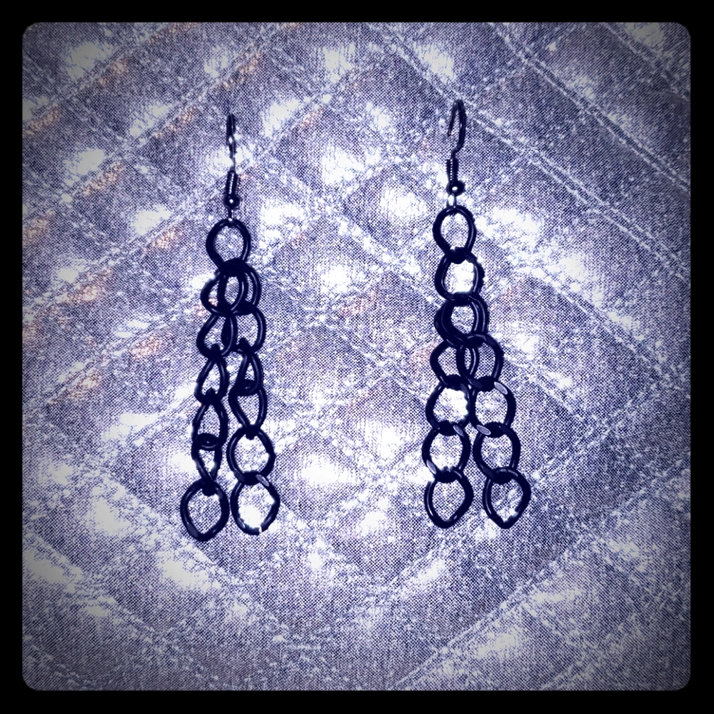 Long dangle black double chain earrings